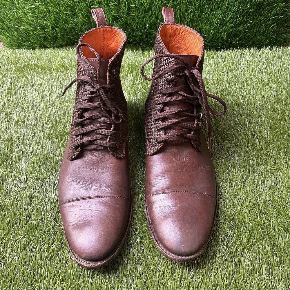 Scott & Lowe Mens Brown‎ Leather Woven Goodyear Welted Cap Toe Lace Up Boots